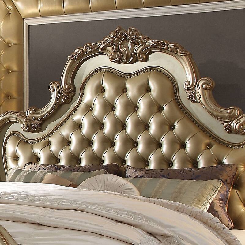 Adison Bone and Gold Patina Tufted Headboard Panel Bed