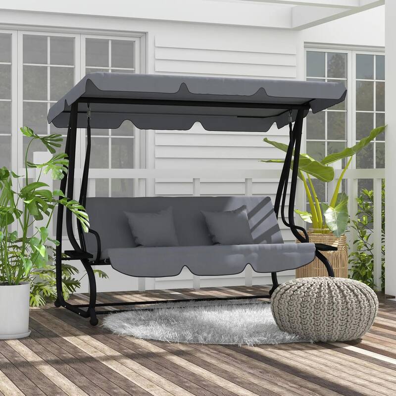 3-Seat Convertible Patio Swing Glider, Cushion Set, Adjustable Canopy