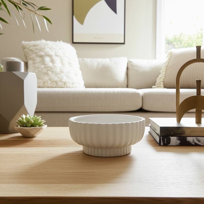 Decorative Ribbed Ceramic Bowl with Matte Finish - 12", White - 12.0"