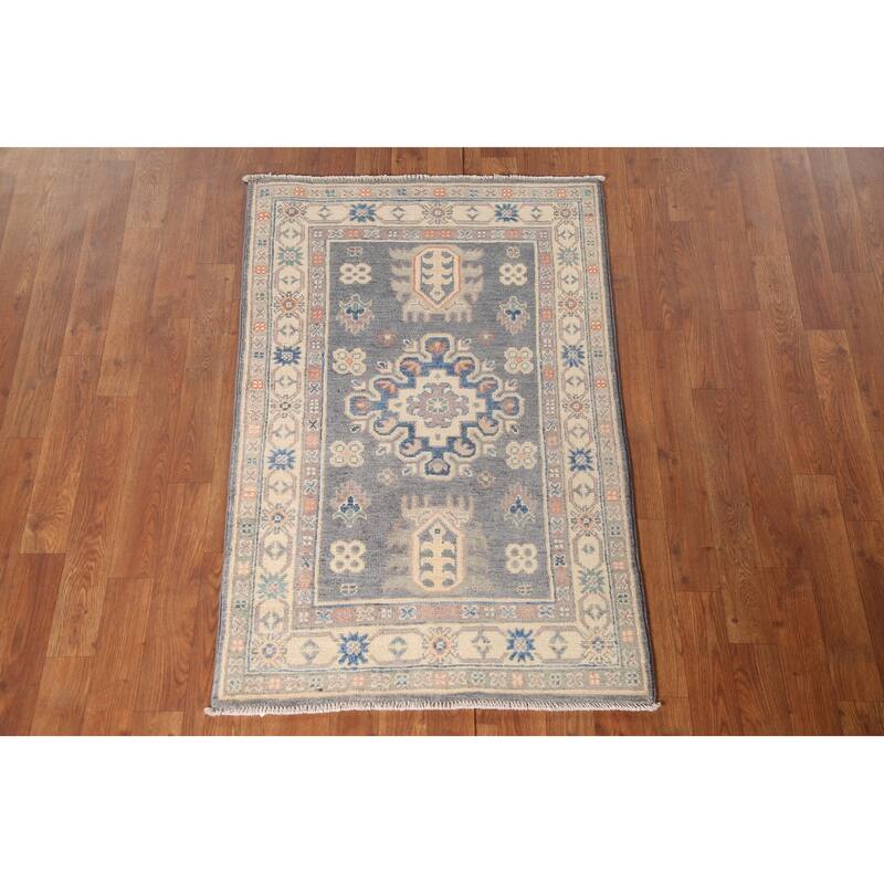 Geometric Gray Kazak Accent Rug Wool Carpet - 2'7" x 4'1"