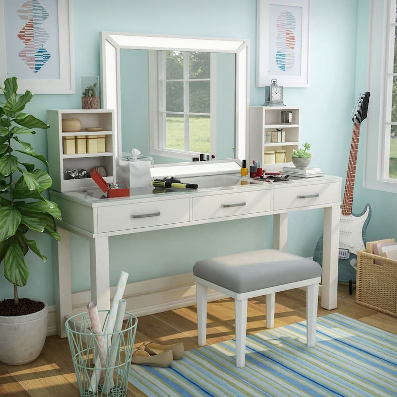 Furniture of America Wres Contemporary Solid Wood LED Light 3-Piece Makeup Vanity Set - Luminous White