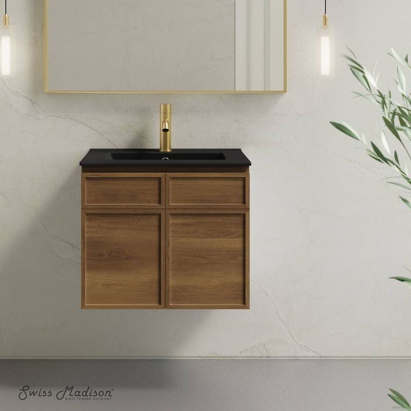 St. Tropez 24" Wall-Mounted Bathroom Vanity In Brown Oak With Black Sink Top - 24