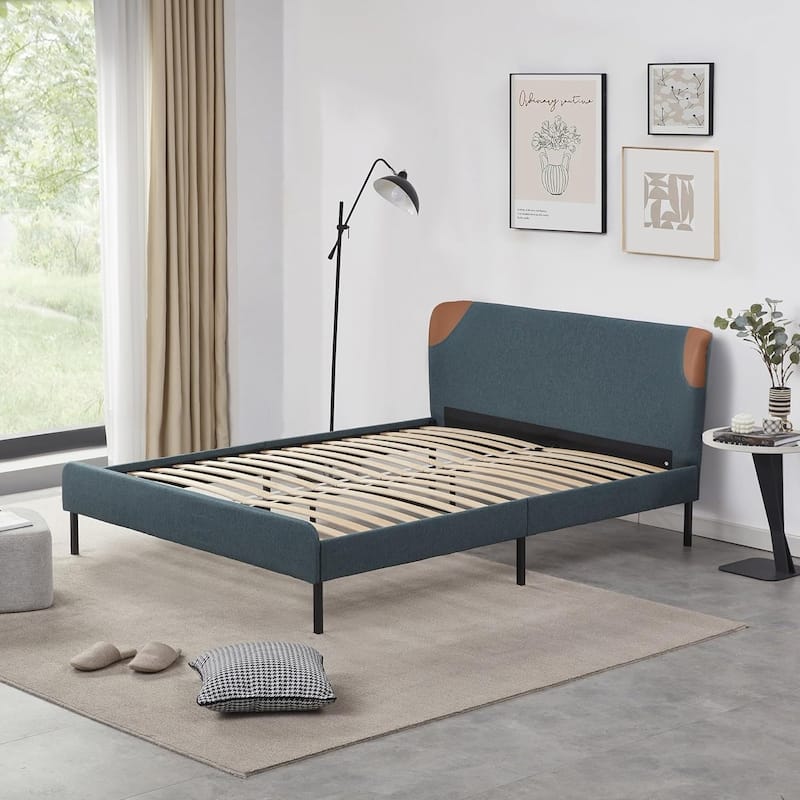 Twin Bed Frame Upholstered Platform with Headboard and Strong Wooden Slats,No Box Spring Needed, Easy Assembly