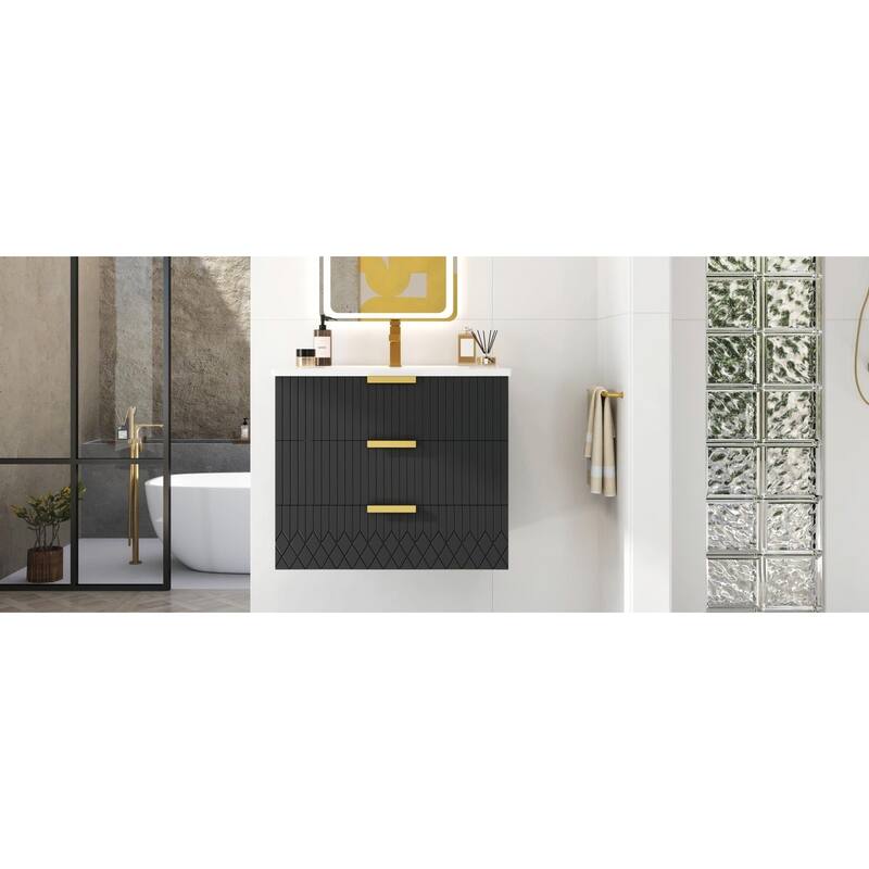 24-inch Wall-Mounted Floating Cabinet with Double Drawer, Rectangular Vanity Sink - Black