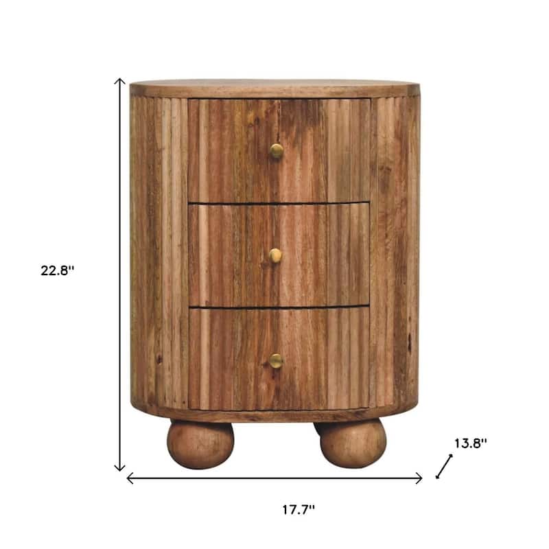 HomeRoots 23" Natural Solid Wood Ribbed Texture Round Three Drawer Nightstand