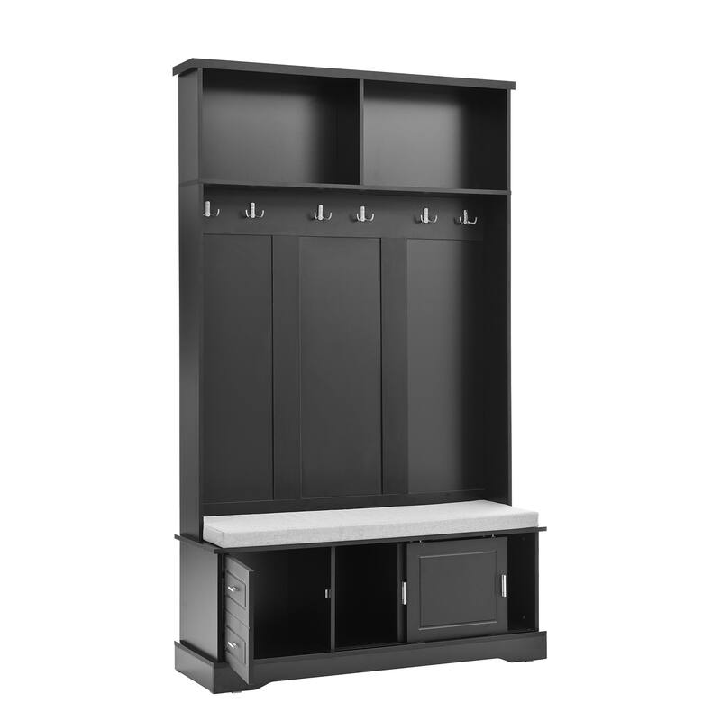 Entryway 3-in-1 Hall Tree with Storage Bench & Sliding Doors, Shoe Cabinet Coat Rack with Cushioned Seat & Anti-Tip