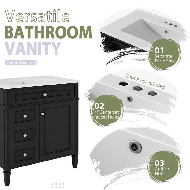 30" Bathroom Vanity Set with Ceramic Sink & Mirror Cabinet, 3 Drawers, Soft-Close Storage, Modern Freestanding Unit