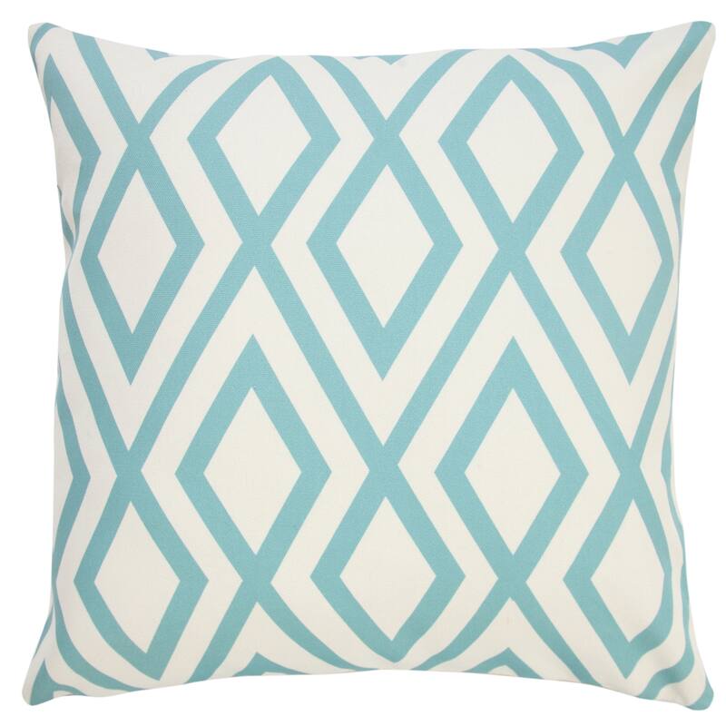 Handwoven Geometric Diamond Outdoor Patio Throw Pillow - 18" - Aqua Blue and Cream