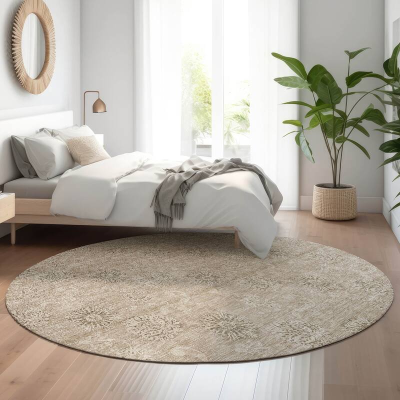 Premium Washable Super Soft Floral Imprints Mayfield Rug - Khaki - 8' x 8' - Round