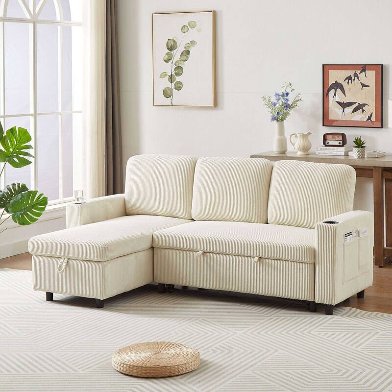 Modern L-Shaped Convertible Sofa Bed with Storage, Reversible Sleeper Sofa Couch for Living Room, Office, and Small Spaces - Beige(C)