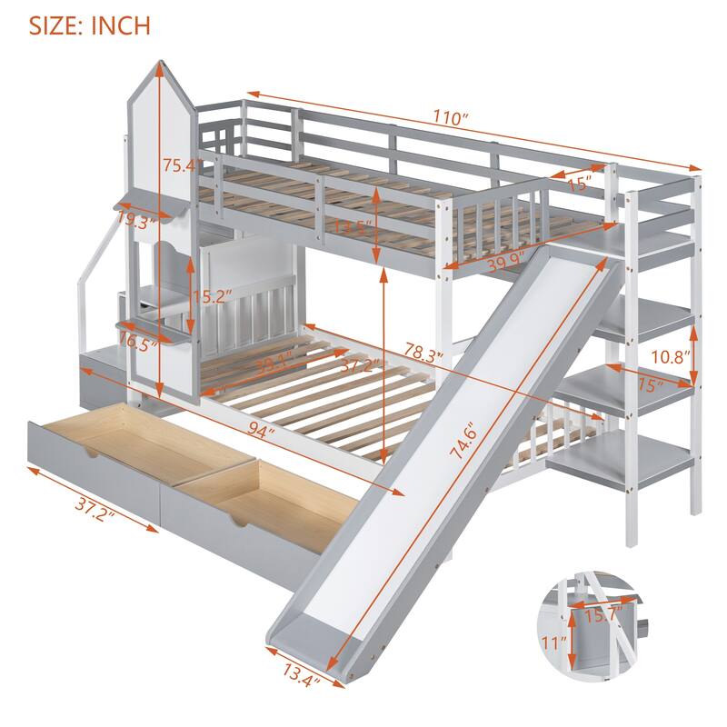Twin-Over-Twin Castle Style Bunk Bed with Drawers,Shelves,Slide