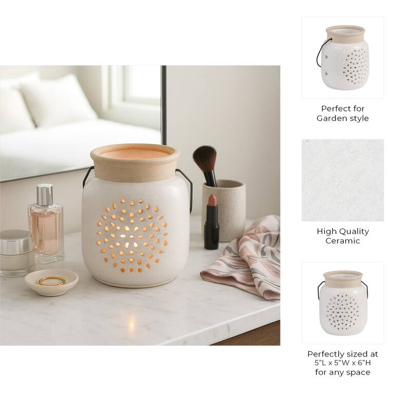 Ceramic Cylinder Flower Cut-Out Lantern - Ivory, 6 in.