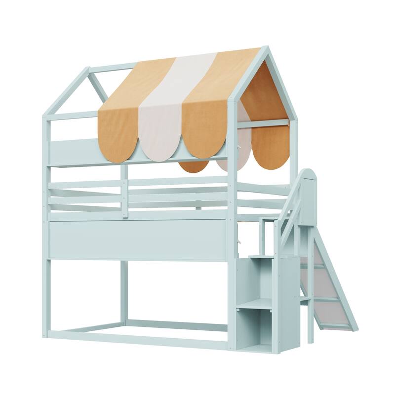Full Size Loft Bed with Slide, Storage & Striped Canopy Roof by Harper&Bright Designs