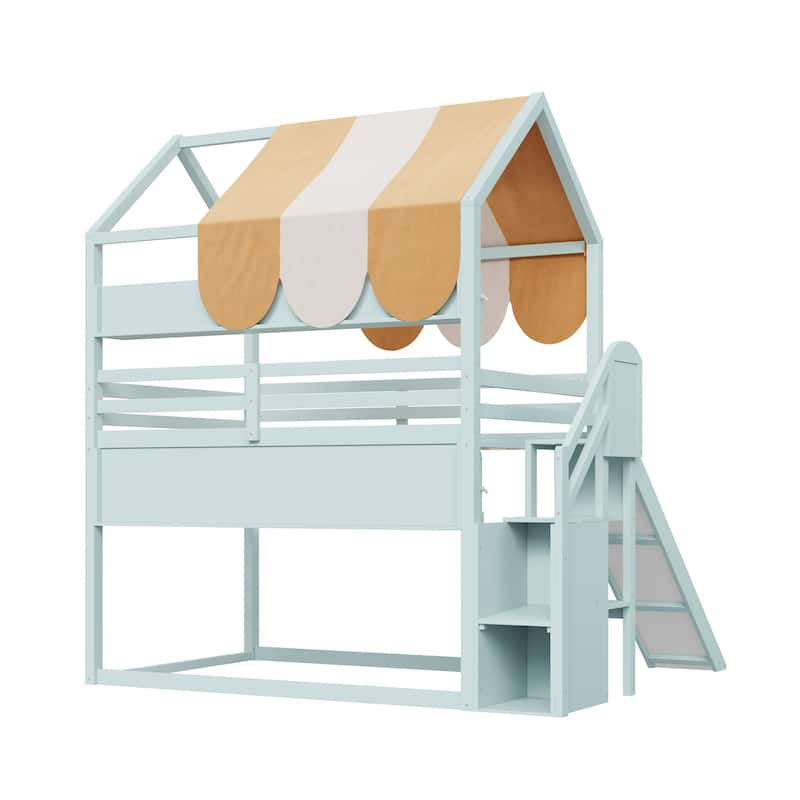 GDFStudio - Wooden Full Size House Bed with Canopy, Slide and Bookshelves