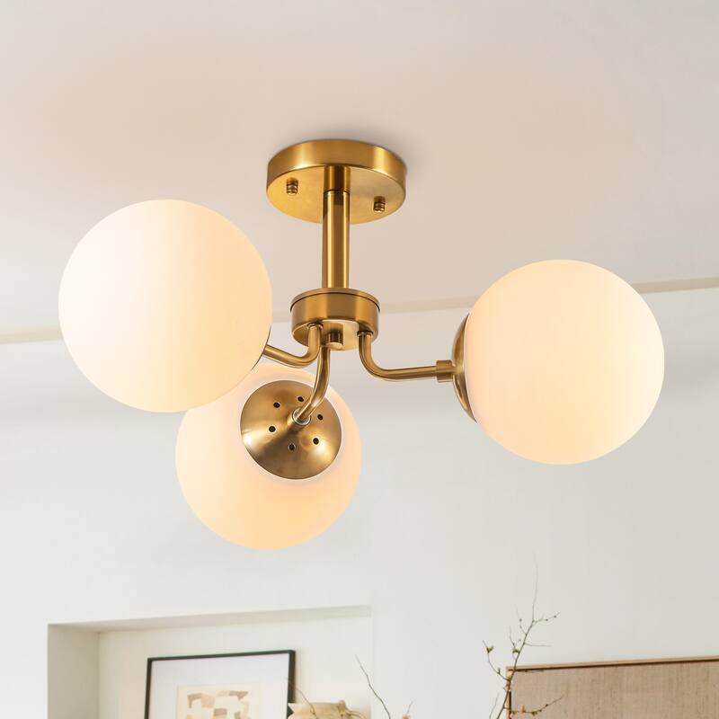 23.2" W 3-Light Bohemian Farmhouse Gold/White Sputnik Frosted Opal Bubble Glass Semi-Flush Mount Ceiling Light
