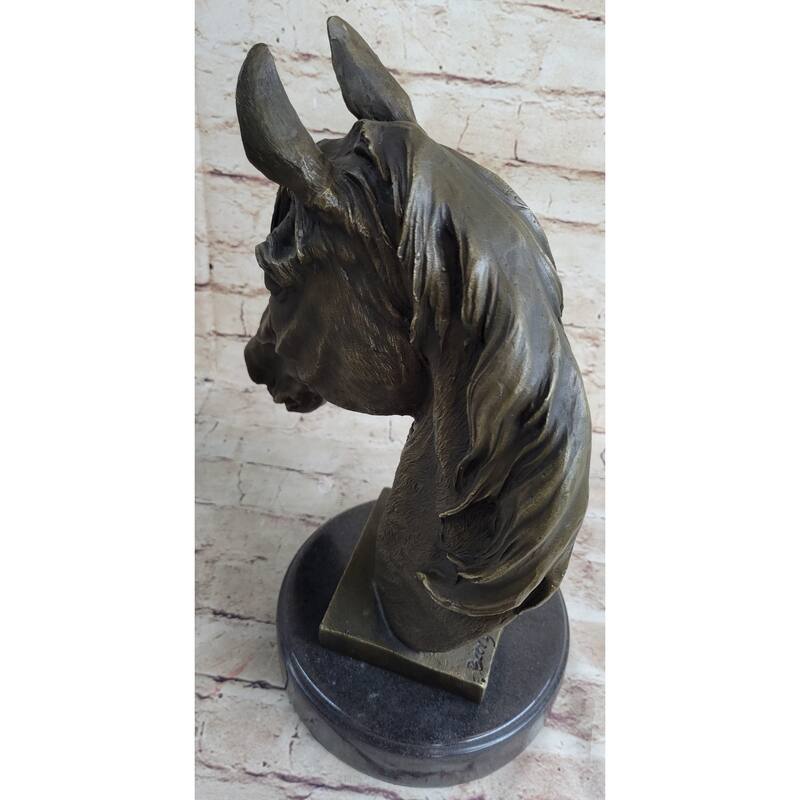 Signed Barye Unique Bronze Bust Horse Head Sculpture Marble Base Statue Figure
