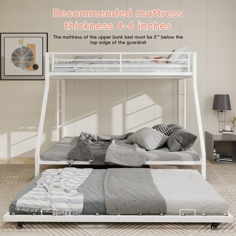 High - Stability Square Tube Bunk Bed, Featuring Ladder & Rolling Trundle, Modern Minimalist Look, Full