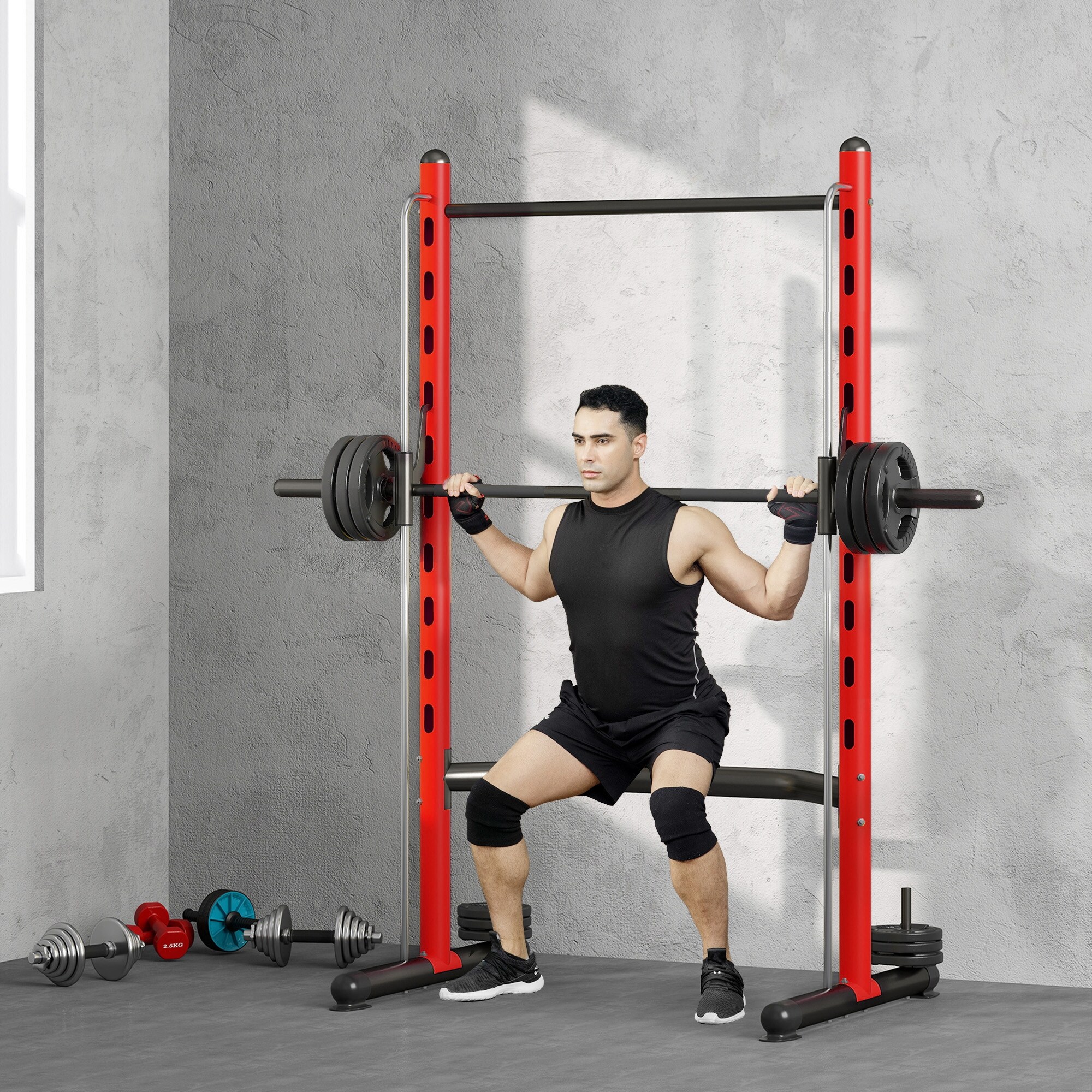 Soozier Multi-Functional Power Rack, Adjustable Squat Rack with Pull-Up Bar & Barbell Bar, Black/Red