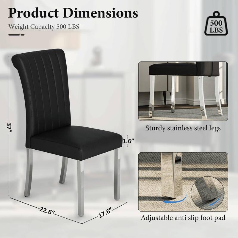 Luxury PU Leather Parsons Dining Chairs Side Chairs with Rolled Back and Stainless Steel Legs