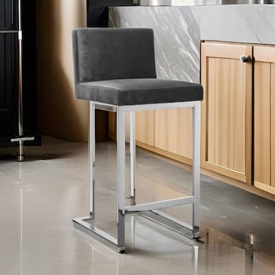Boly 26 Inch Counter Height Chair, Gray Velvet, Foam Cushions, Chrome Steel