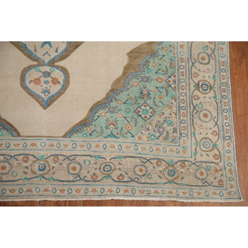 Hand Knotted Oriental 100% Wool Carpet Traditional Medallion Beige & Ivories Tabriz Area Rug - 11' 2'' X 8' 3''