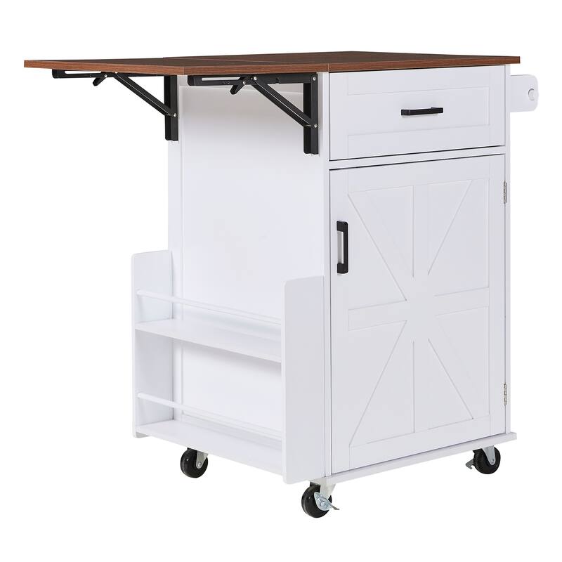 39.3" Kitchen Island with Drop Leaf, Kitchen Storage Island with Open Side Rack, One Drawer, Towel Rack, with Lockable Wheels
