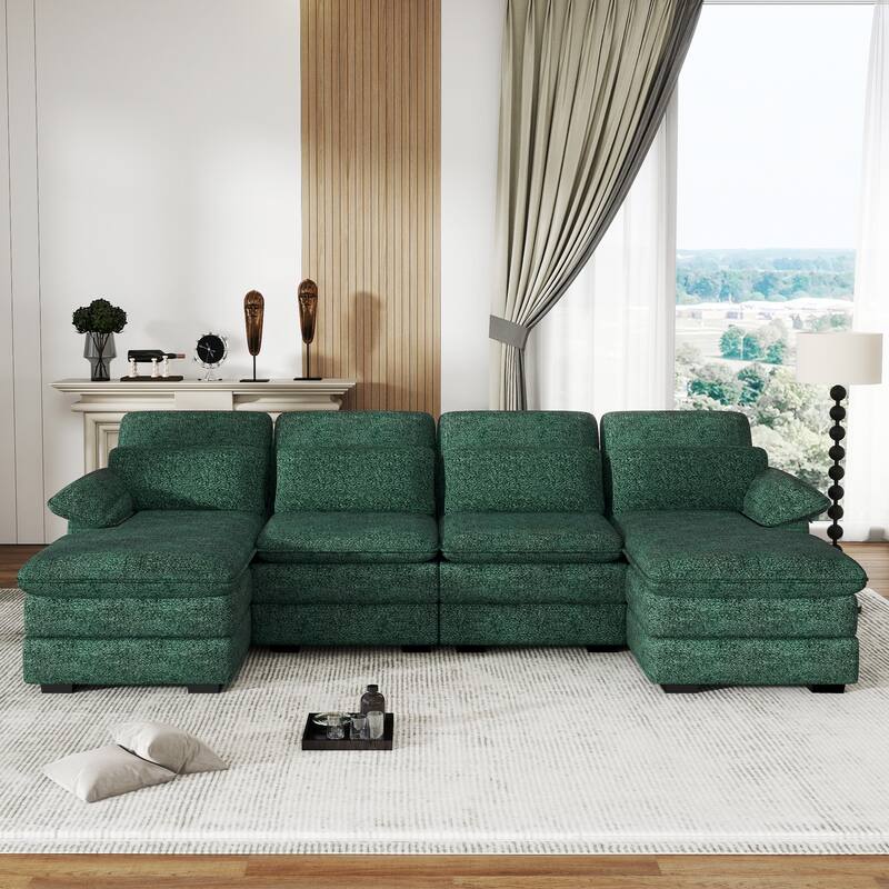U-Shaped 111.8" Cloud Combo Sofa 4-Seater Chenille Fabric Sofa with Arms - Green