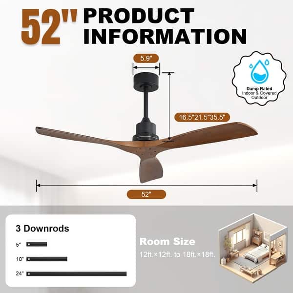 dimension image slide 9 of 14, Sofucor 48/52 Inch Ceiling Fan with Light, Solid Wood Blades for Living Room, Bedroom,Smart Optional