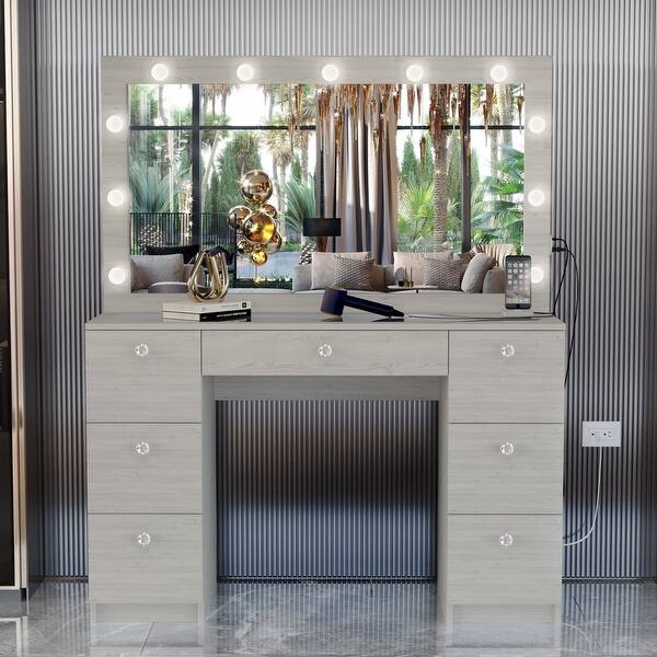 Boahaus Vanity Desk, Mirror, Lights Built-in, 7 Drawers, Glass Top, White