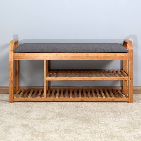 slide 2 of 6, Living Room Bamboo Storage Bench,Entryway 3 Shelves Bench with Storage Natural