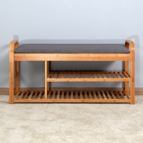 slide 2 of 6, Living Room Bamboo Storage Bench,Entryway 3 Shelves Bench with Storage Natural