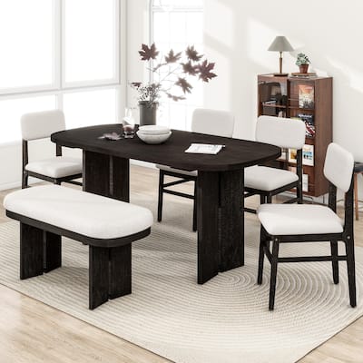 Solid Wood Dining Table Set with Bench - 6-Piece Upholstered Rectangular Dining Room Table Set with Bench