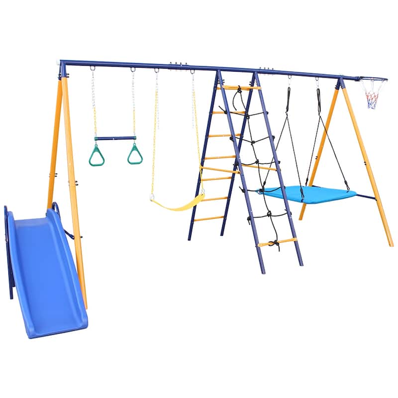 Roomfitters 7-in-1 Metal Swing Set, 500 lbs Capacity, Slide, 2 Swings, Climbing Net, Gym Ring & Basket, Multicolor