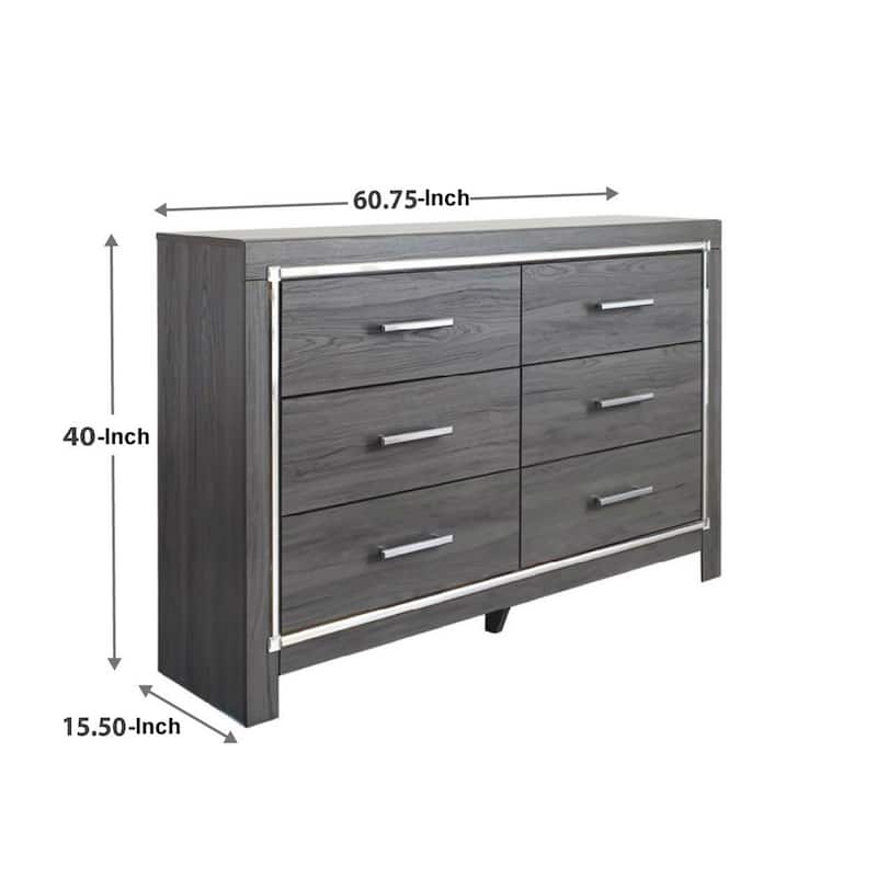 Grained Wooden Dresser with 6 Drawers and Mirror Inserts, Gray