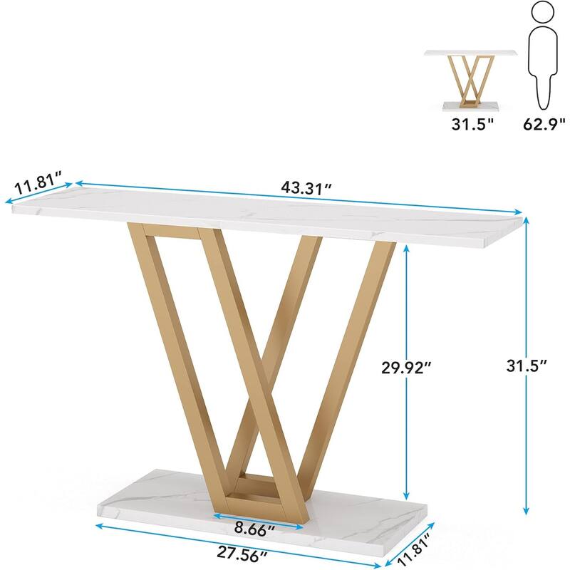 43"Modern Gold Console Table with Faux Marble Top, Narrow Entryway Table with V-Leg Metal Frame, Slim Sofa Table for Hallway