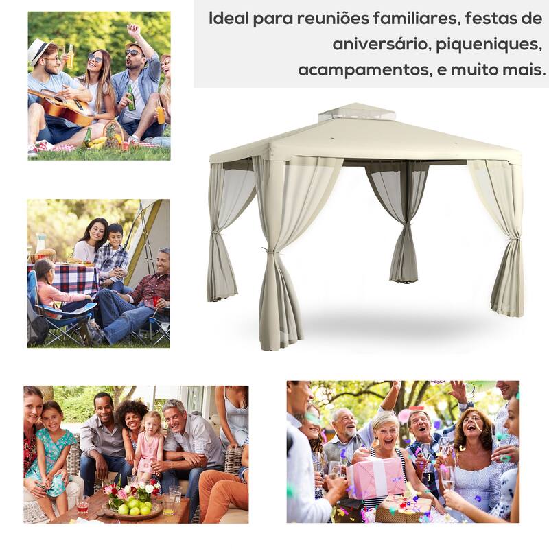 9.6' x 11.6' Patio Gazebo, Outdoor Canopy Shelter with 2-Tier Roof and Netting, Steel Frame