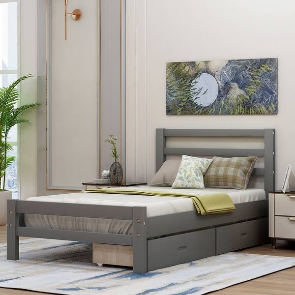 slide 2 of 17, Twin Size Wood Platform Bed with Two Drawers and Headboard,Footboard Grey