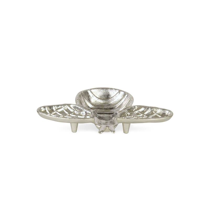 HomeRoots 8" Silver Cast Iron Bumble Bee Trinket Tray - 8.00 in. x 1.25 in. x 6.50 in.