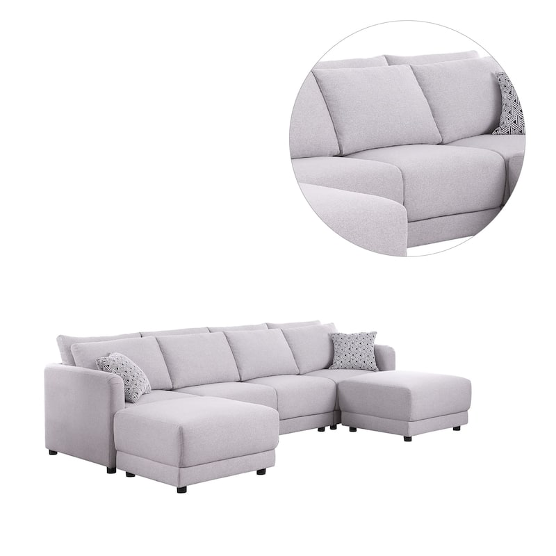 Linen Upholstered 4-Seater Sofa with 2 Ottomans in Light Gray