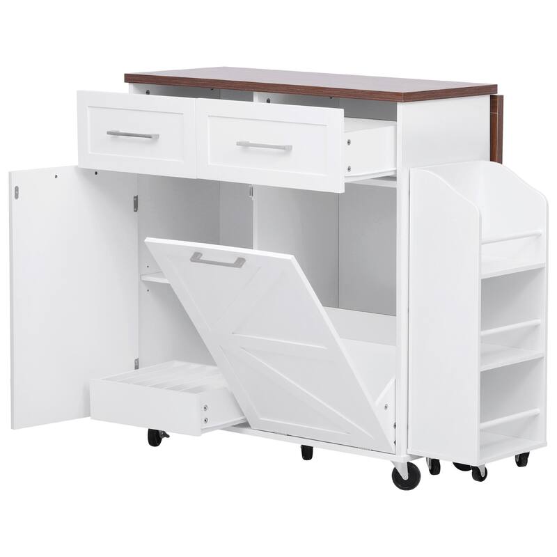Roomfitters 47.2" Farmhouse Kitchen Island with Drop Leaf, Tilt Trash Can Cabinet, Removable Mobile Side Racks