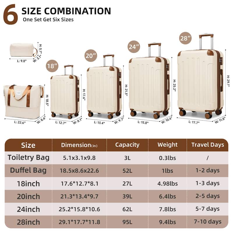 6-Piece Modern Luggage Sets, Expandable Luggage with Travel Bag, TSA Lock and Spinner Wheels, for Boarding Travel, Cream+Brown