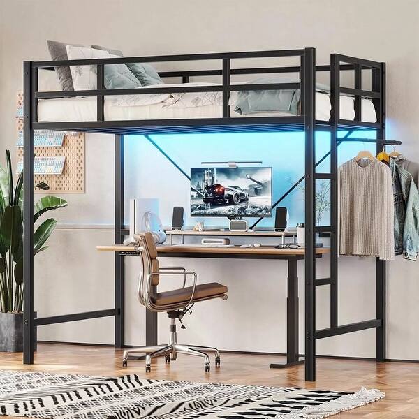 slide 2 of 3, Twin Metal Bed Frame LED Lights Full-Length Guardrail & Ladder Black