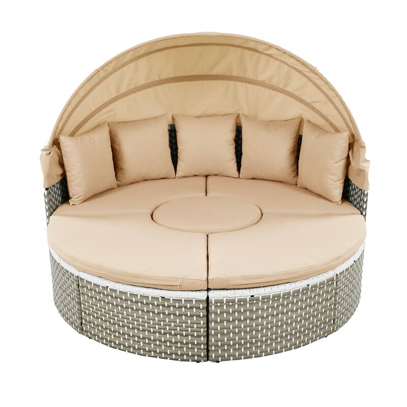 Luxury Round Rattan Daybed Patio Sofa Set with Retractable Canopy, Ottoman, Adjustable Table & Cushions
