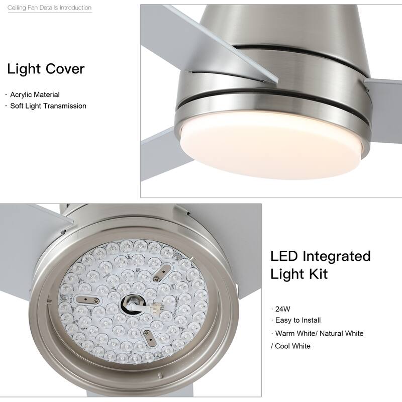 48" Bruched Nickel Low Profile Ceiling Fan with Light