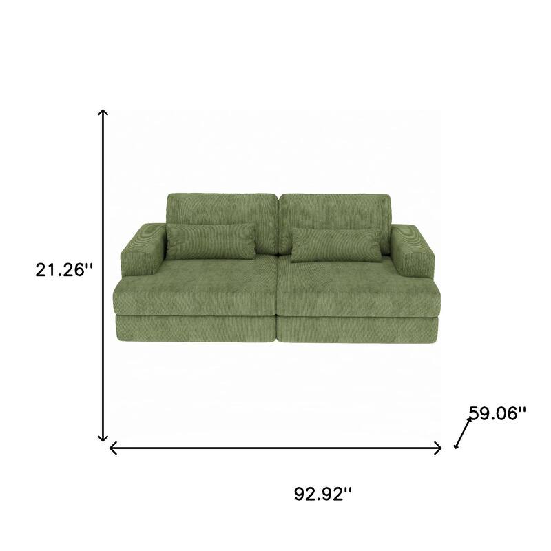 HomeRoots 93" Green Corduroy Modular Stainless Steel Sleeper Sofa With Toss Pillows