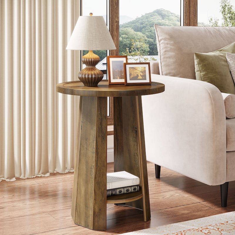 2-Tier Round End Table with storage, Farmhouse Side Table with Sturdy Base - Brown