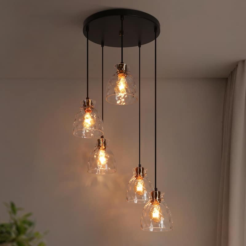 Elisie Modern Glam Cluster Chandelier 5-Light Water Hammered Glass Adjustable Foyer Pendant Light - D 19.7" x H 67.2"