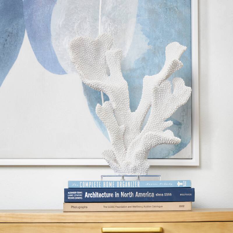 White Polystone Tall Textured Coral Decorative Sculpture with Clear Acrylic Base