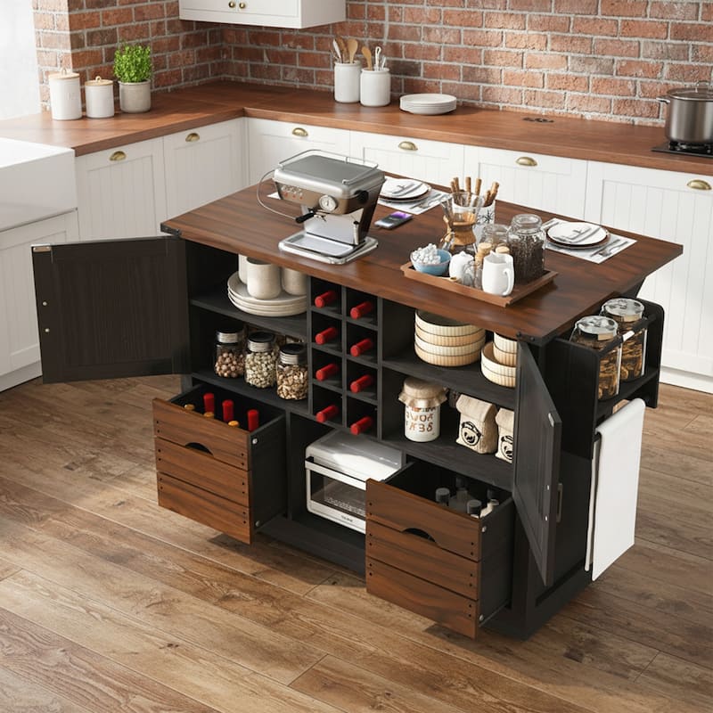 Farmhouse Kitchen Island with Drop Leaf, Power Outlet, Kitchen Storage Cart with 2 Doors, 2 Drawers