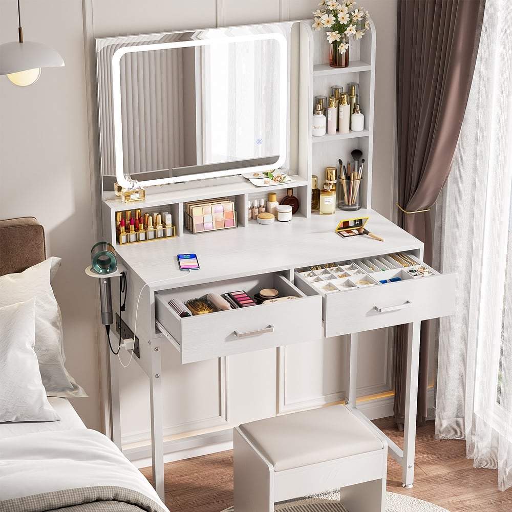 Makeup Vanity Desk with Drawers and Adjustable Lighting Mirror, Vanity Table with Charging Station and Shelves